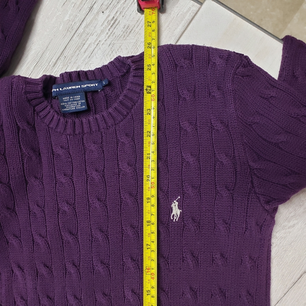 Polo Ralph Lauren Sport Cable Knit Logo Crewneck Sweater Large Purple Old Money - Picture 7 of 14